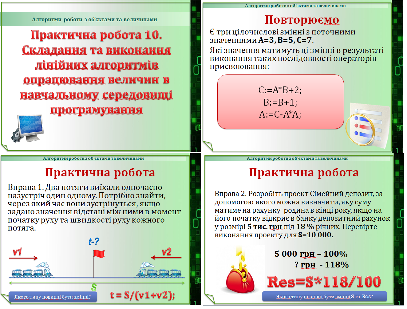 Урок 32. Практична робота 10. Складання та виконання лінійних алгоритмів опрацювання величин в навчальному середовищі програмування