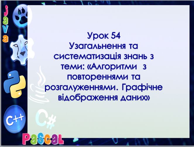 Урок 54. Узагальнення та систематизація знань з теми: «Алгоритми  з  повтореннями та  розгалуженнями. Графічне відображення даних»